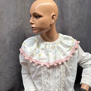 Vintage clown suit ruffle collar clown ruff pastel chicks cats pink Pom Pom trim